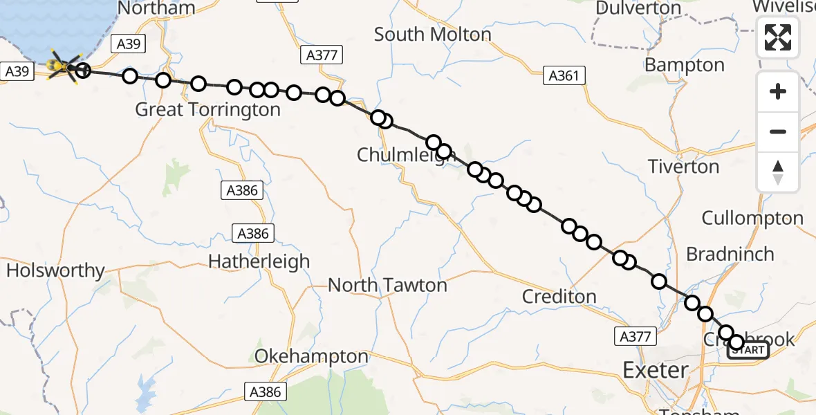Flight route Police Helicopter Rockbeare - Bucks Mills, 13 July 2026, 18:08