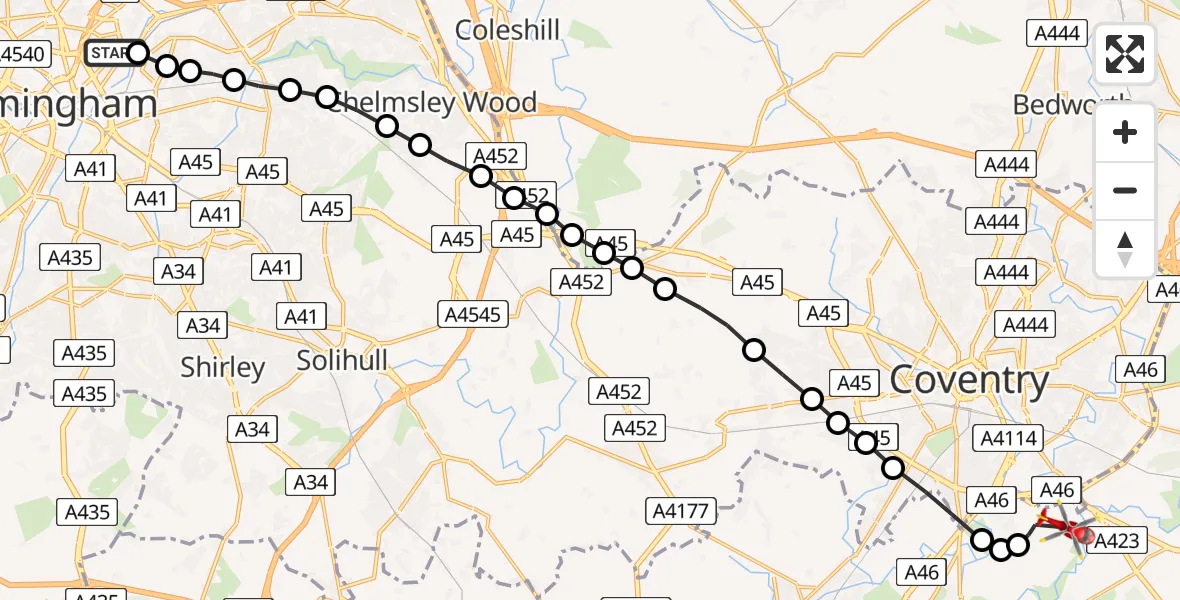 Flight route Air Ambulance Helicopter Nechells - Warwick, 13 July 2026, 18:10
