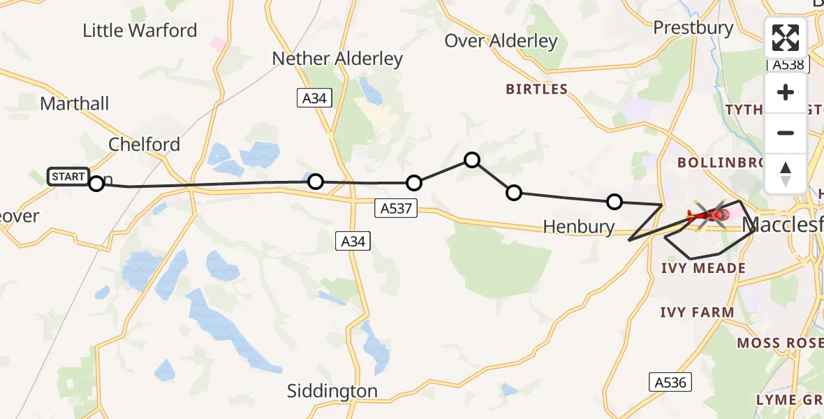 Flight route Air Ambulance Helicopter Snelson - Macclesfield, 13 July 2026, 18:19