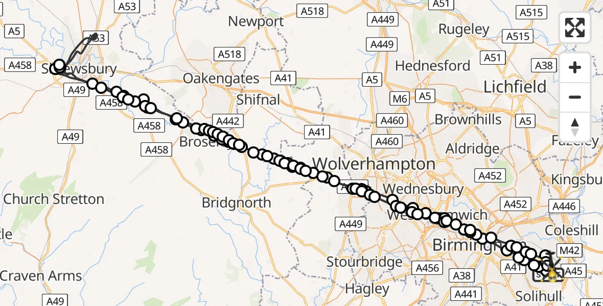Flight route Police Helicopter Solihull - Birmingham Airport, 13 July 2026, 18:38