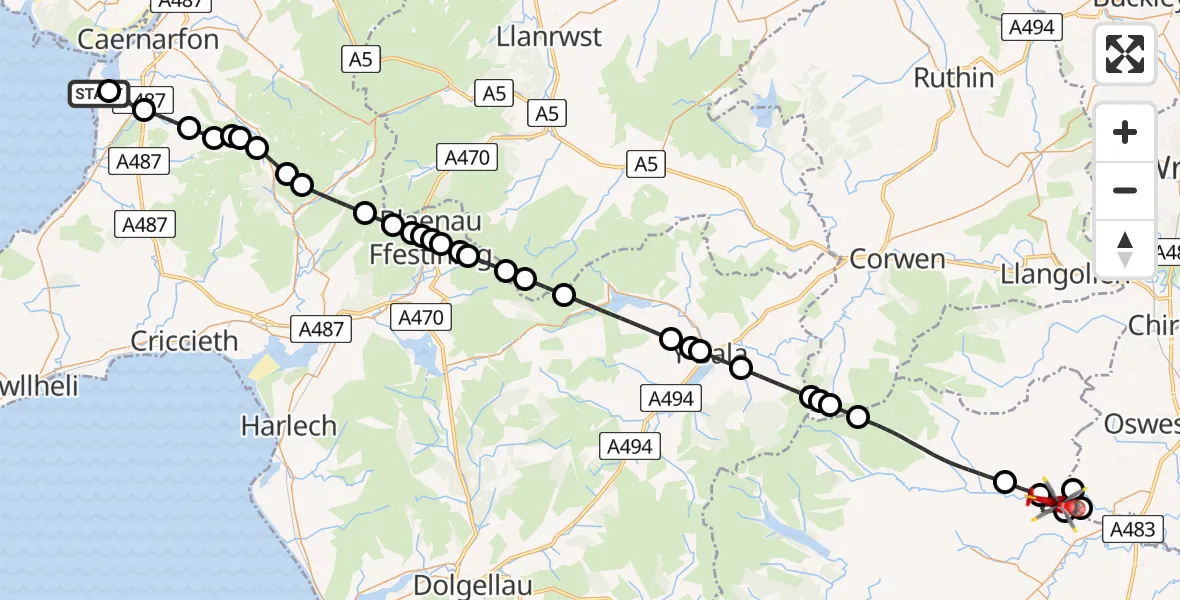 Flight route Air Ambulance Helicopter Caernarfon Airport - Pen-y-bont Llannerch Emrys, 13 July 2026, 18:42