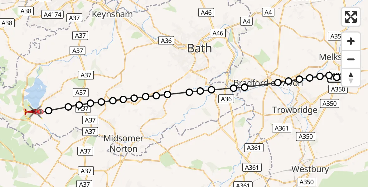 Flight route Air Ambulance Helicopter Wiltshire Air Ambulance - West Harptree, 13 July 2026, 18:46