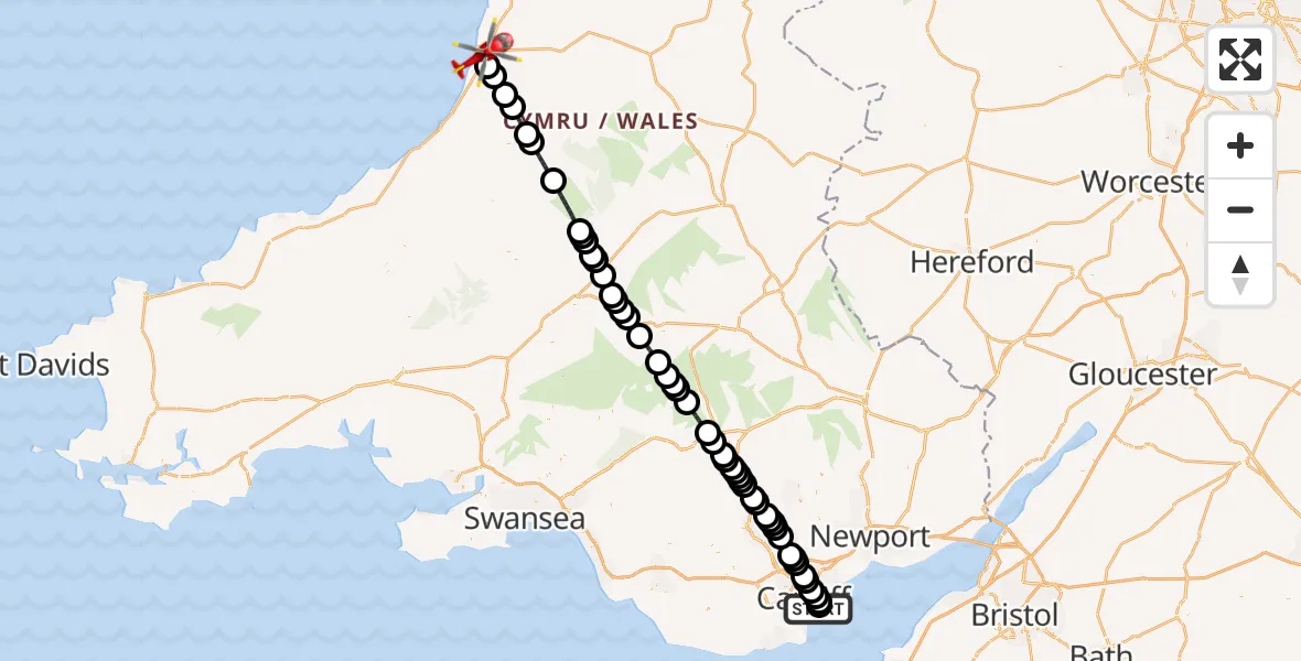 Flight route Air Ambulance Helicopter Cardiff Heliport - Penparcau, 13 July 2026, 18:47