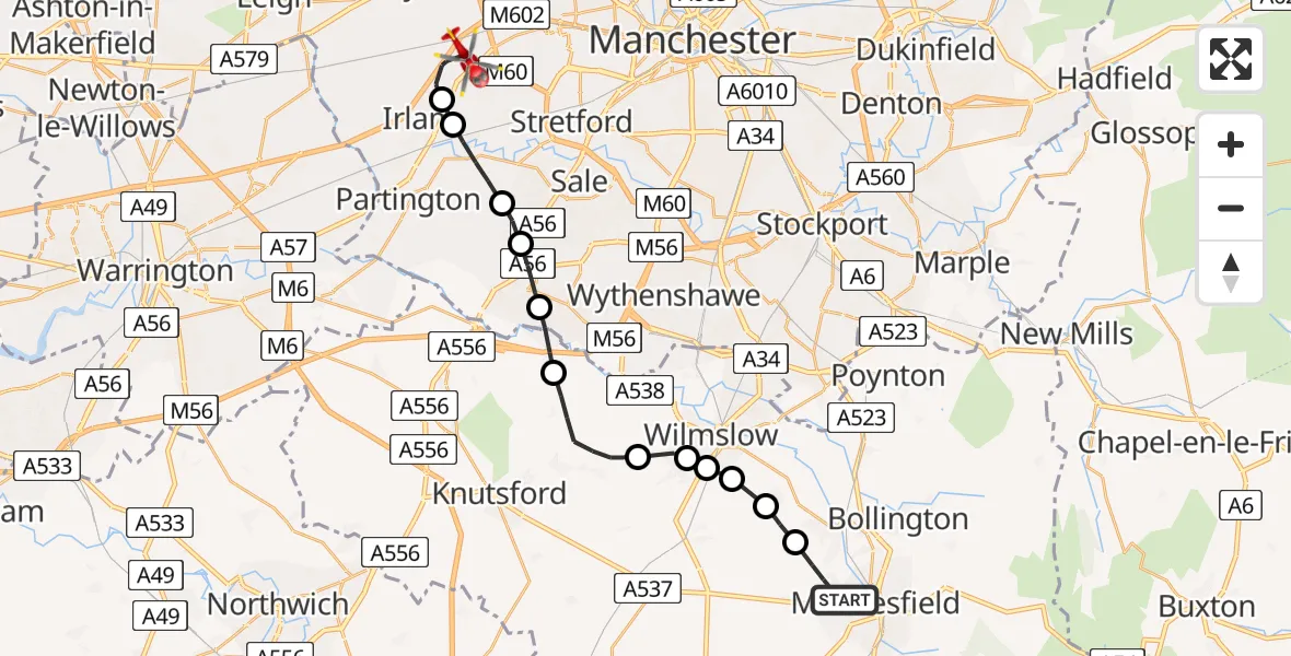 Flight route Air Ambulance Helicopter Macclesfield - Manchester Barton Aerodrome, 13 July 2026, 18:50