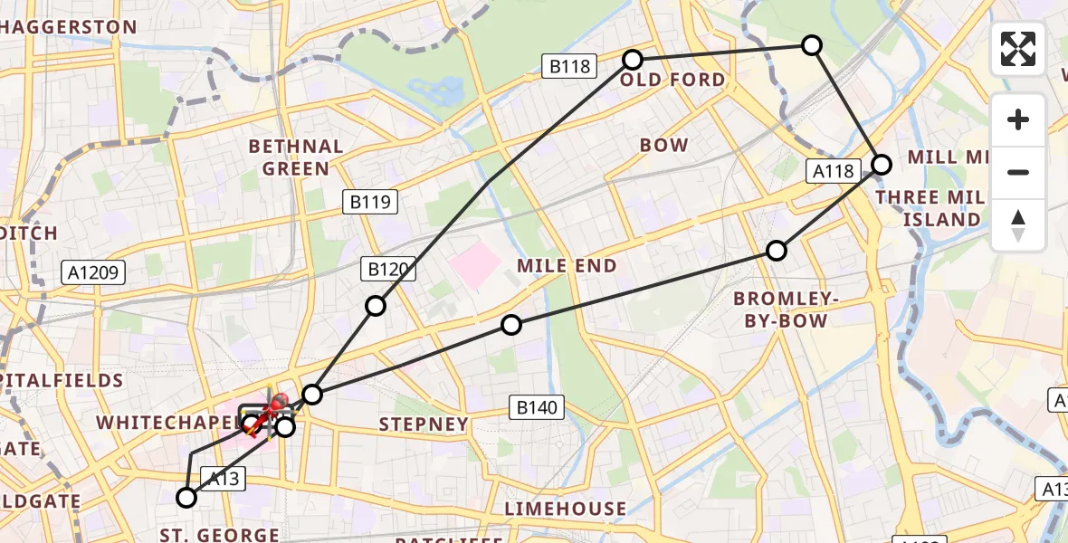 Flight route Air Ambulance Helicopter Royal London Hospital - Royal London Hospital, 13 July 2026, 18:55