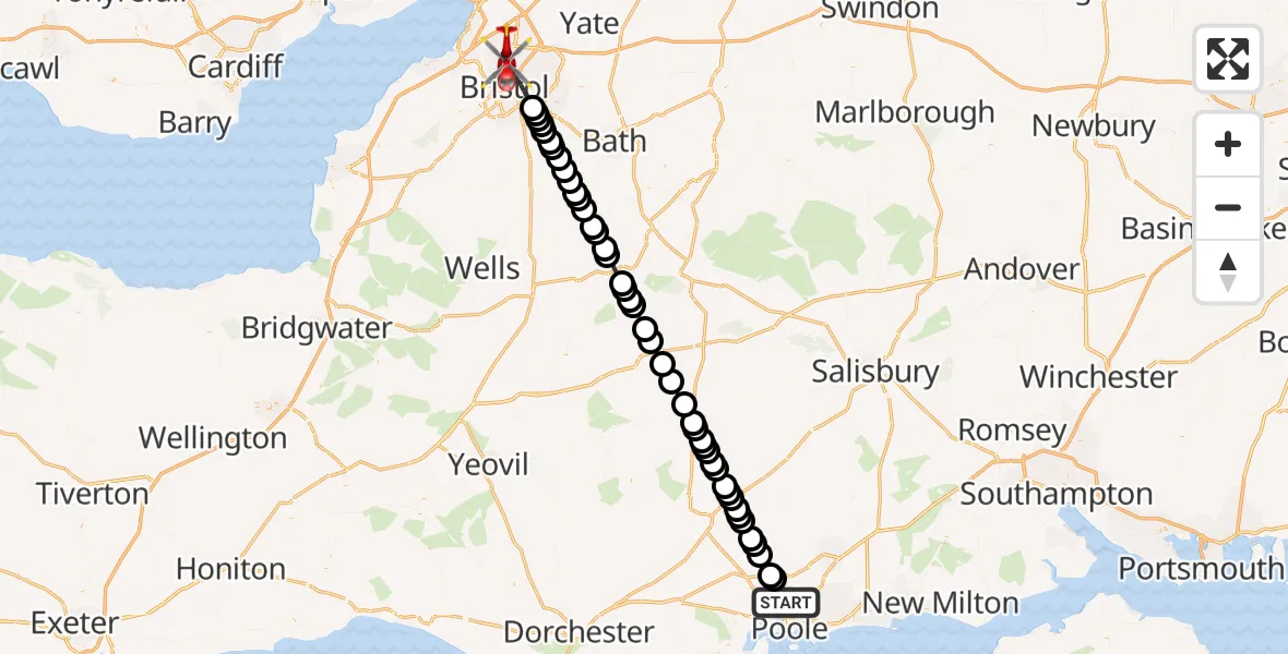 Flight route Air Ambulance Helicopter Poole - Bristol, 13 July 2026, 19:00