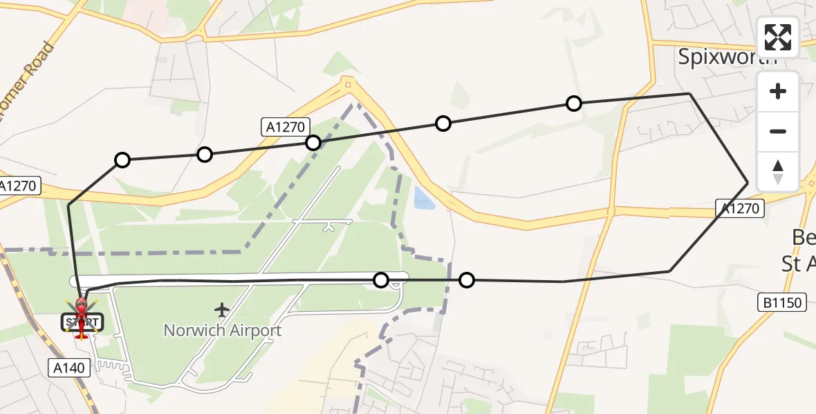Flight route Air Ambulance Helicopter Norwich Airport - Norwich Airport, 13 July 2026, 19:02