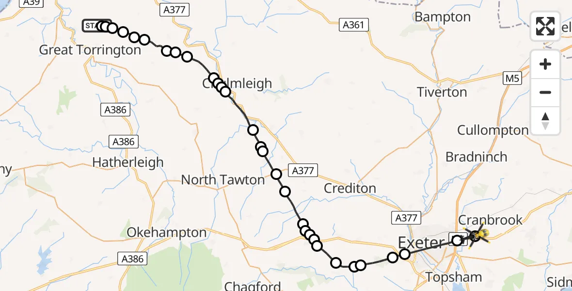 Flight route Police Helicopter Torridge - Exeter International Airport, 13 July 2026, 19:11