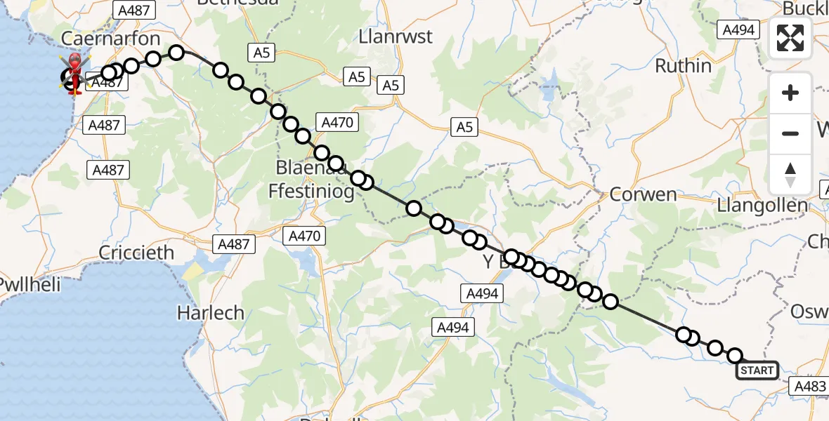 Flight route Air Ambulance Helicopter Pen-y-bont Llannerch Emrys - Caernarfon Airport, 13 July 2026, 19:29