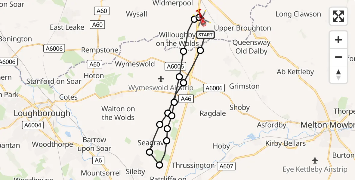 Flight route Air Ambulance Helicopter Rushcliffe - Nottingham Heliport, 13 July 2026, 19:36