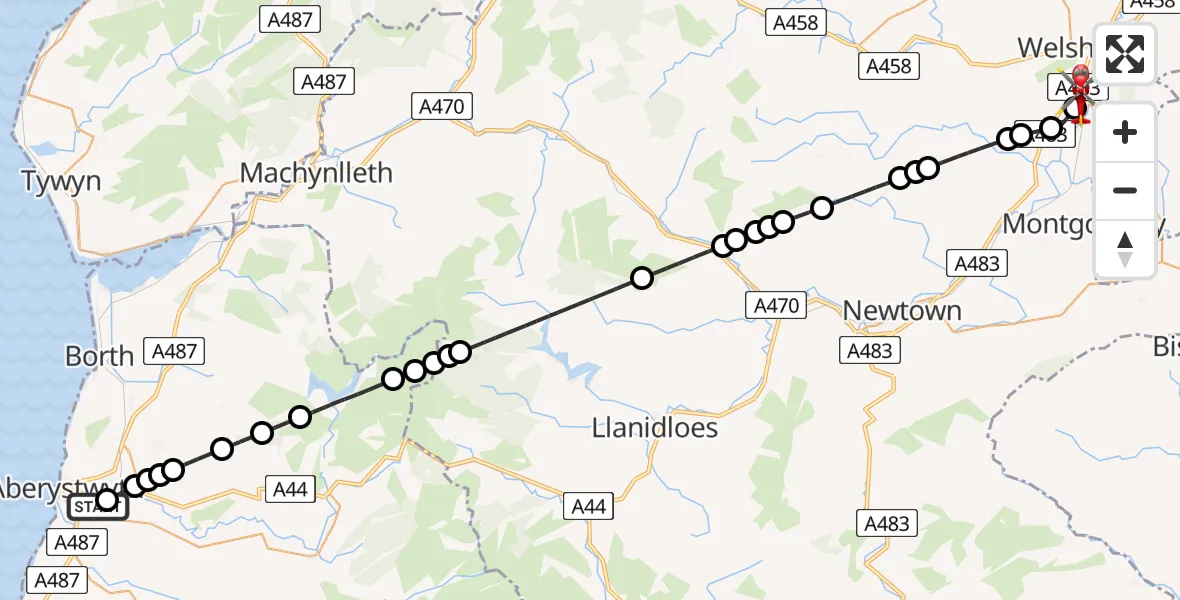 Flight route Air Ambulance Helicopter Aberystwyth - Welshpool Airport, 13 July 2026, 19:36