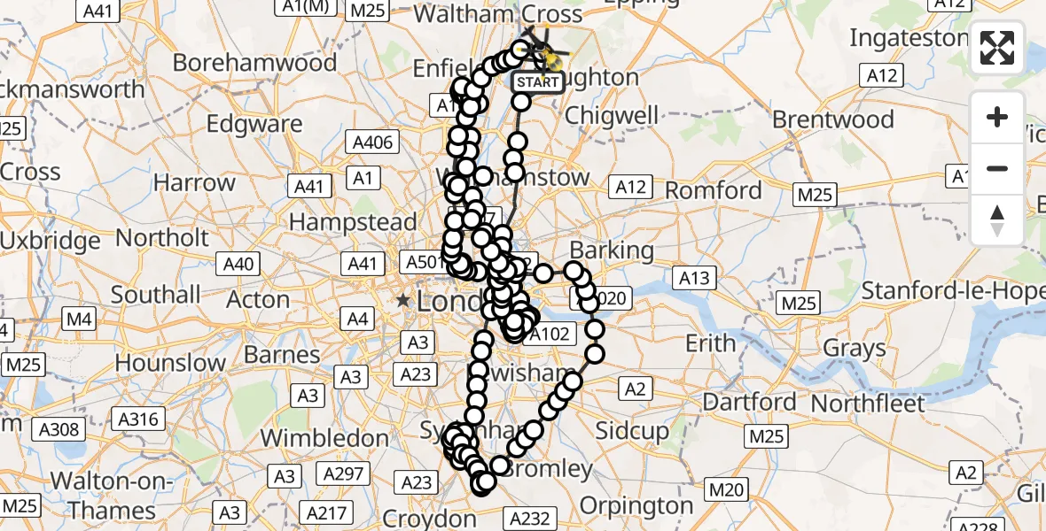 Flight route Police Helicopter Sewardstonebury - Epping Forest, 13 July 2026, 19:41