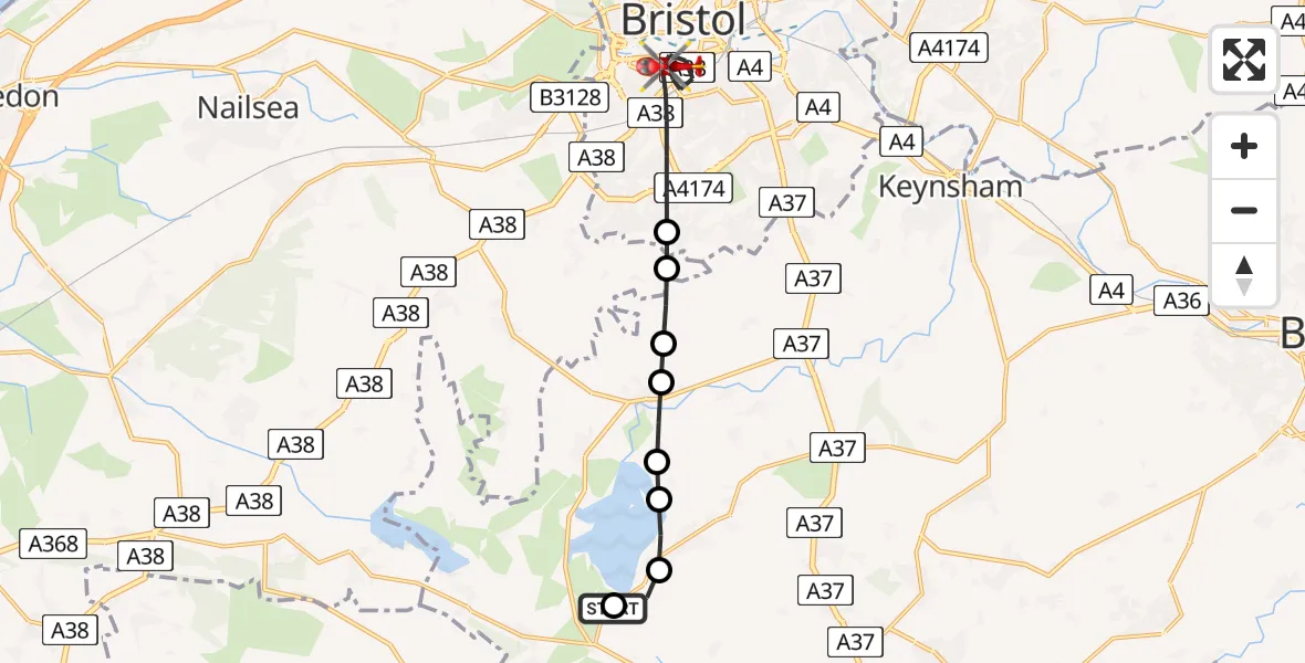 Flight route Air Ambulance Helicopter Bristol - Bristol, 13 July 2026, 19:50