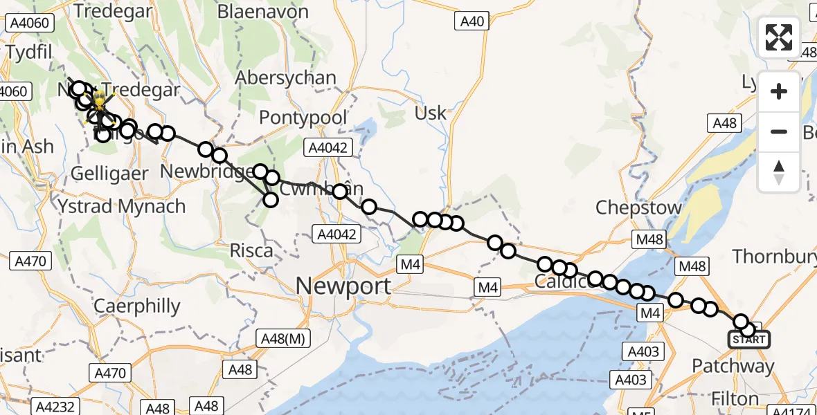 Flight route Police Helicopter Almondsbury Helicopter Base - Deri, 13 July 2026, 19:50