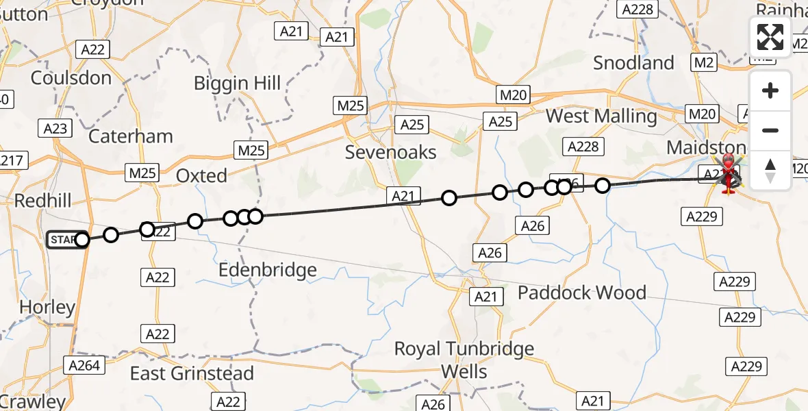 Flight route Air Ambulance Helicopter Redhill Aerodrome - Maidstone, 13 July 2026, 19:55