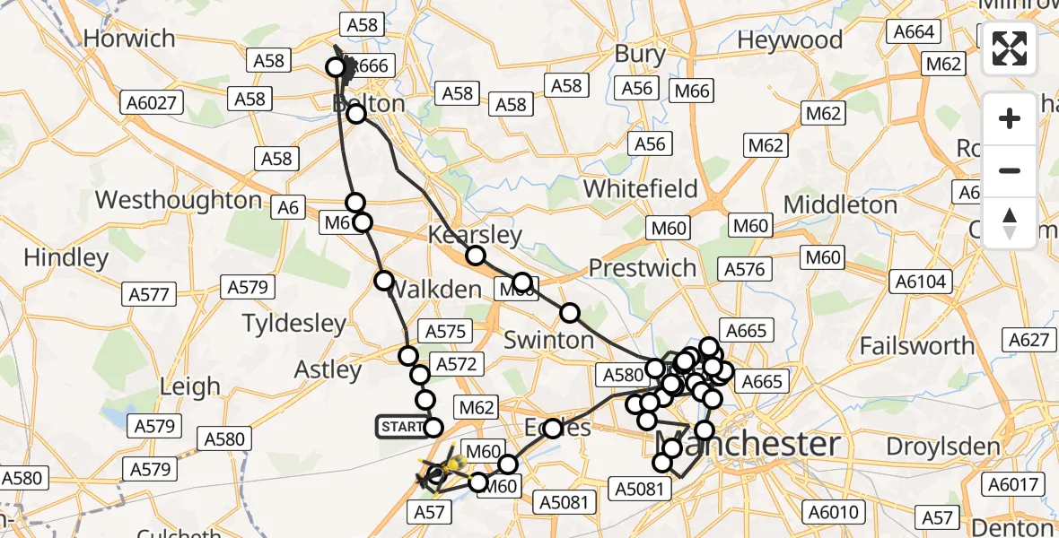 Flight route Police Helicopter Worsley - Manchester Barton Aerodrome, 13 July 2026, 19:57