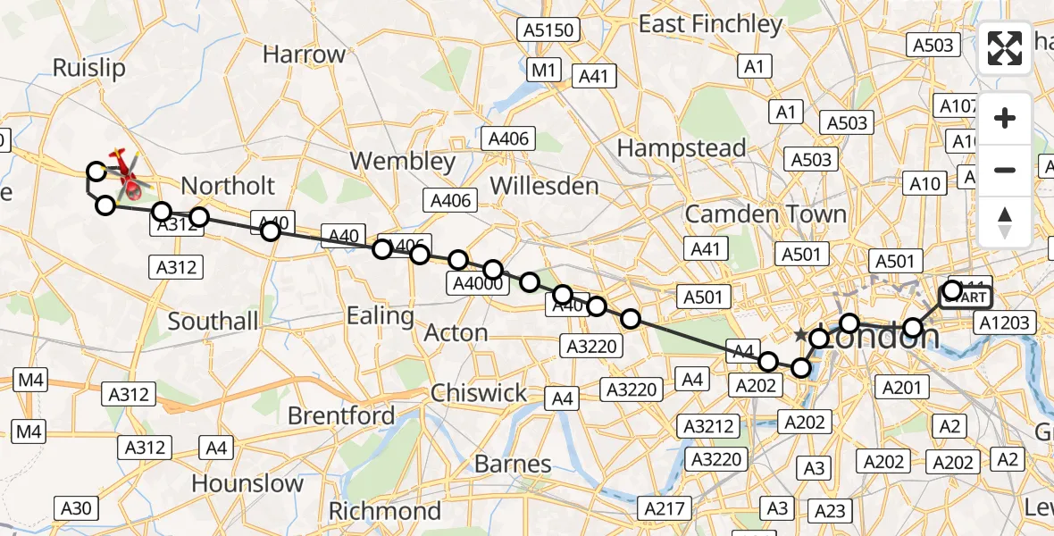 Flight route Air Ambulance Helicopter Royal London Hospital - RAF Northolt, 13 July 2026, 20:17