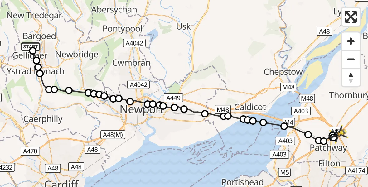 Flight route Police Helicopter Gelligaer - Almondsbury Helicopter Base, 13 July 2026, 20:19