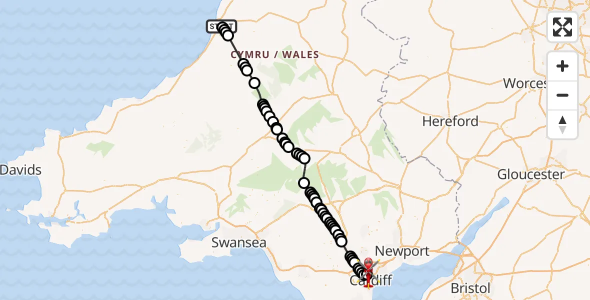 Flight route Air Ambulance Helicopter Moriah - Gabalfa, 13 July 2026, 20:22