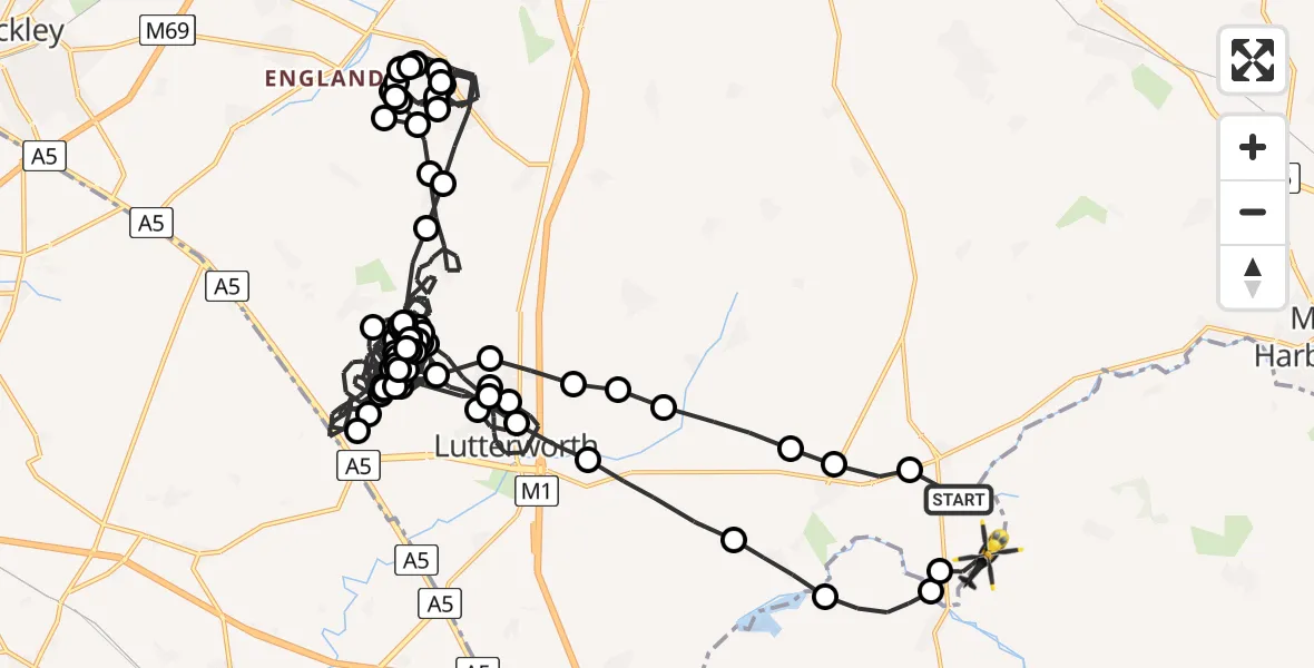 Flight route Police Helicopter Husbands Bosworth Airfield - Harborough, 13 July 2026, 20:30