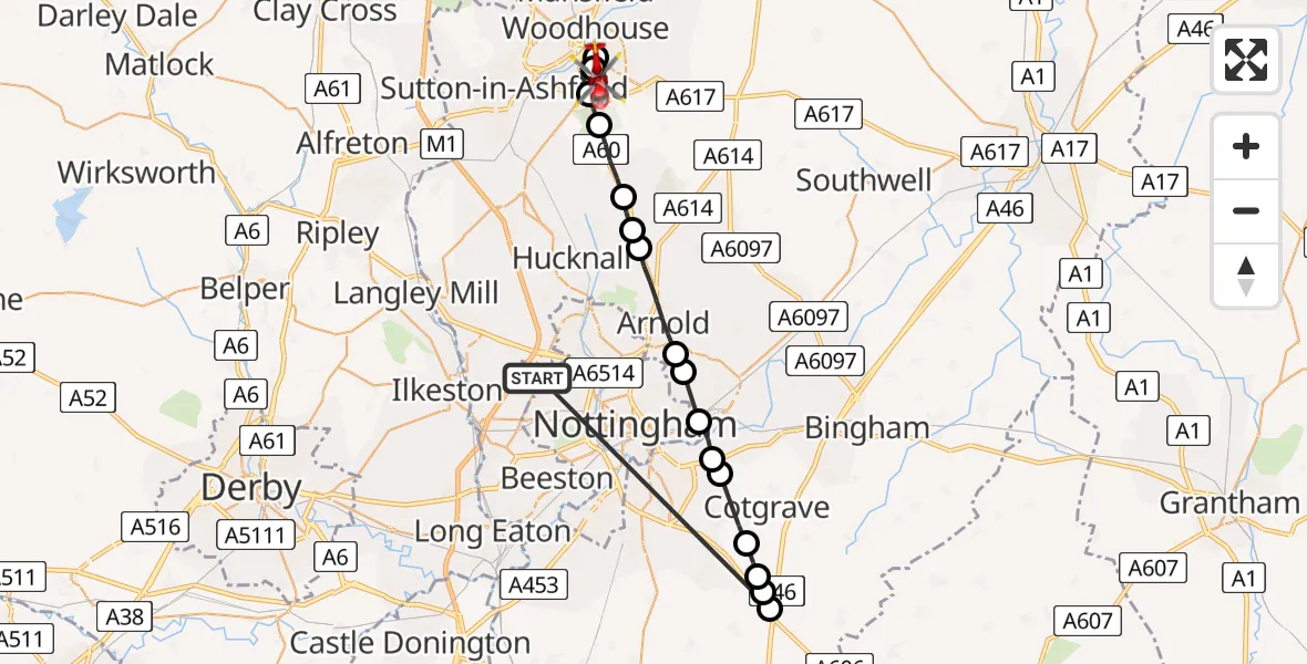 Flight route Air Ambulance Helicopter Bulwell - Mansfield, 13 July 2026, 20:32
