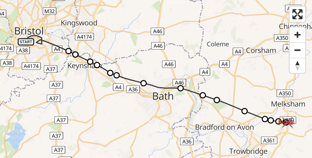 Flight route Air Ambulance Helicopter Bristol - Wiltshire Air Ambulance, 13 July 2026, 20:34
