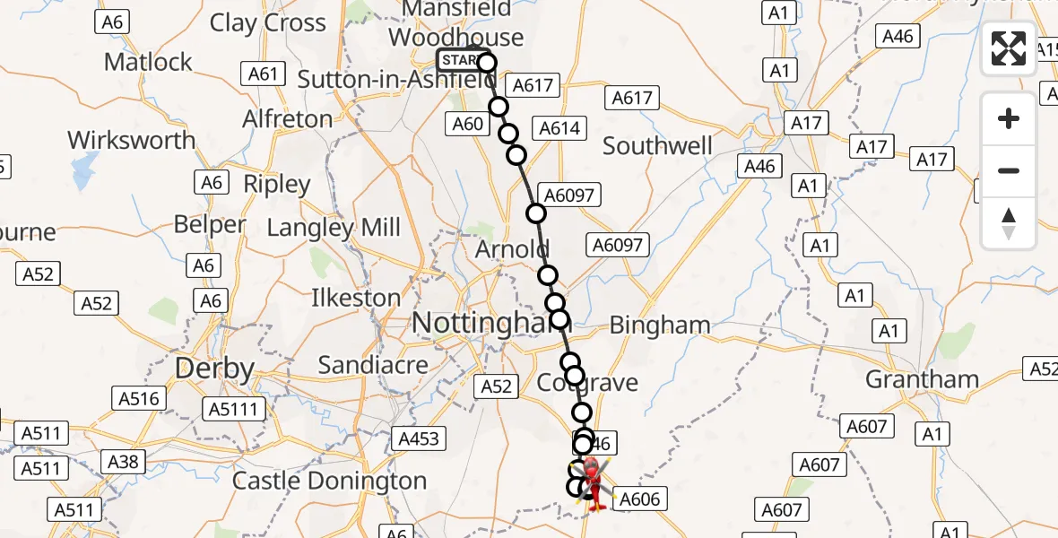 Flight route Air Ambulance Helicopter Mansfield Woodhouse - Nottingham Heliport, 13 July 2026, 21:00