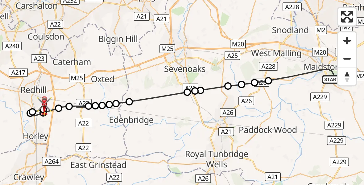 Flight route Air Ambulance Helicopter Maidstone - Redhill Aerodrome, 13 July 2026, 21:02
