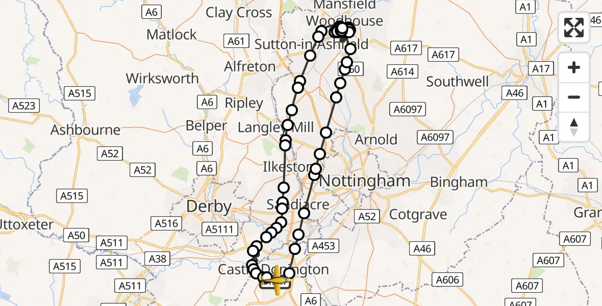 Flight route Police Aircraft East Midlands Airport - East Midlands Airport, 13 July 2026, 21:12