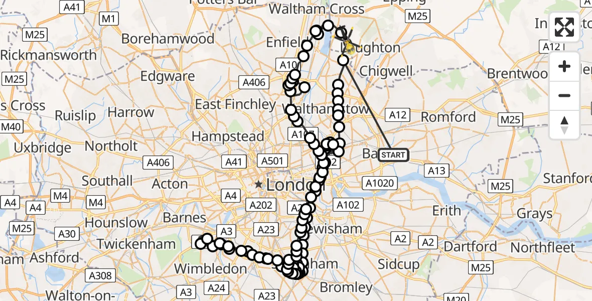 Flight route Police Helicopter Thames View - Metropolitan Police Air Support Unit Lippitts Hill, 13 July 2026, 21:17