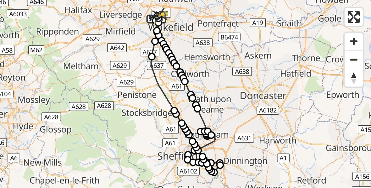 Flight route Police Helicopter East Ardsley - East Ardsley, 13 July 2026, 21:26