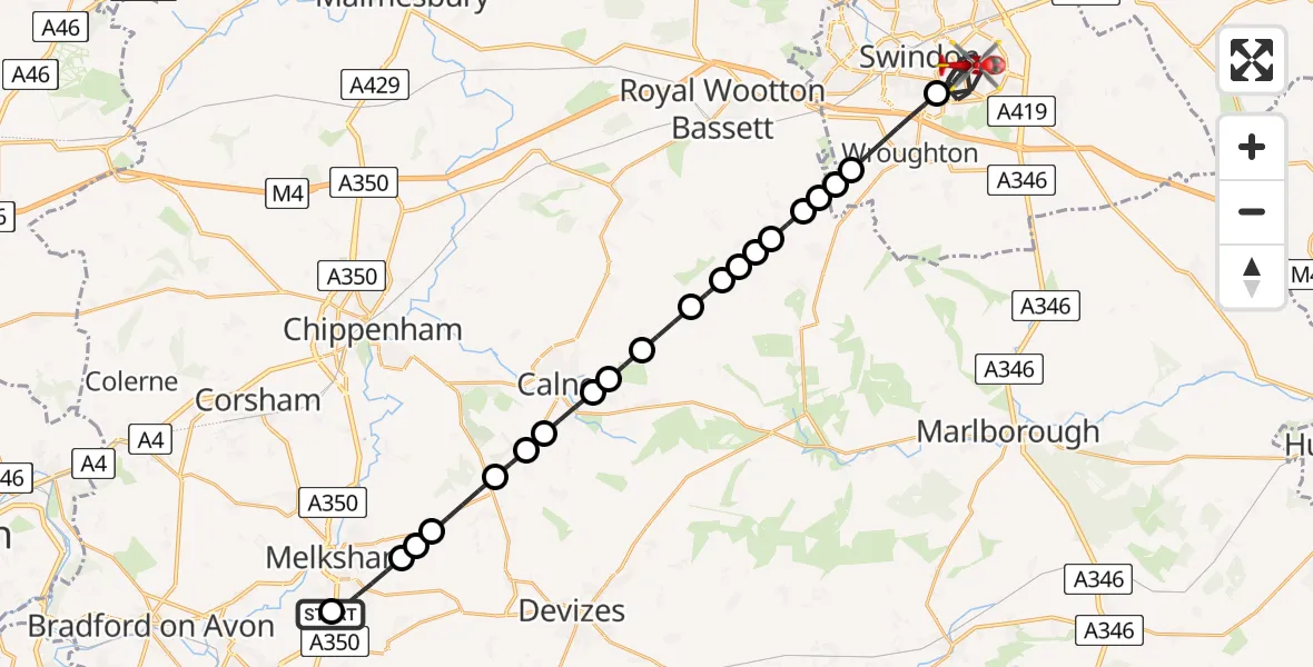 Flight route Air Ambulance Helicopter Wiltshire Air Ambulance - Swindon, 13 July 2026, 21:40