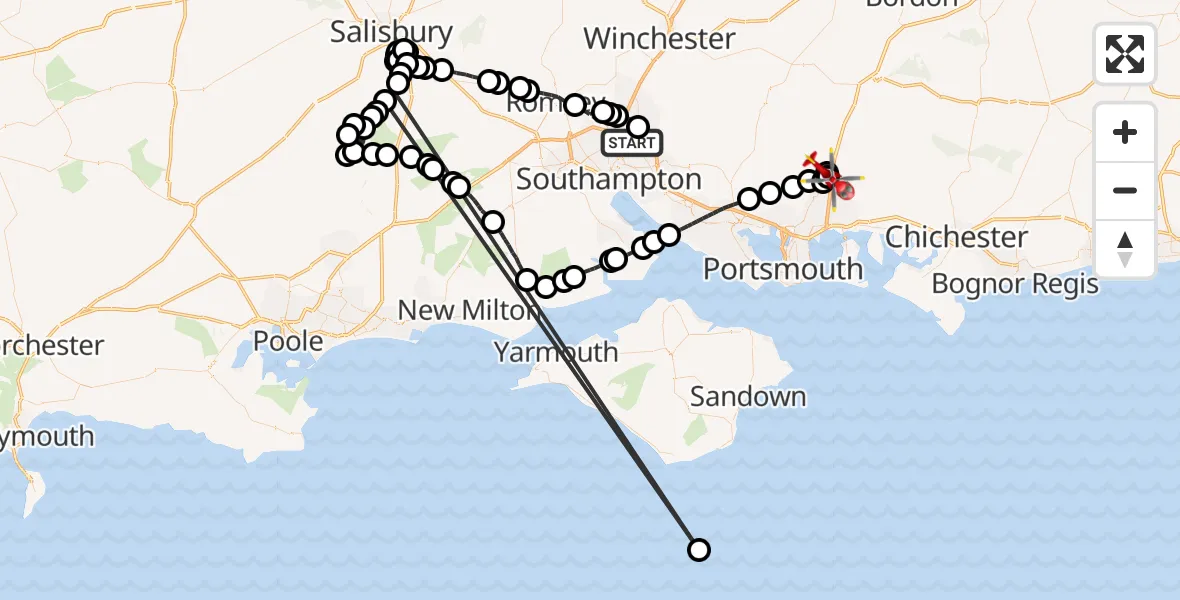 Flight route Air Ambulance Helicopter Southampton Airport - Horndean, 13 July 2026, 21:48