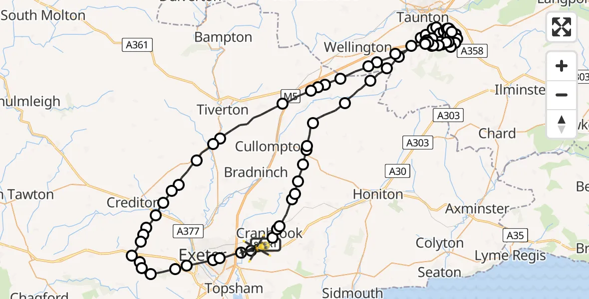 Flight route Police Helicopter Exeter International Airport - Exeter International Airport, 13 July 2026, 21:49