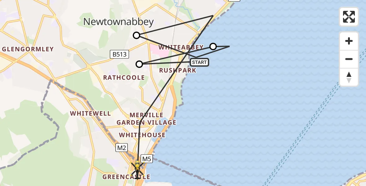 Flight route Police Helicopter Newtownabbey - Belfast City District, 13 July 2026, 21:51