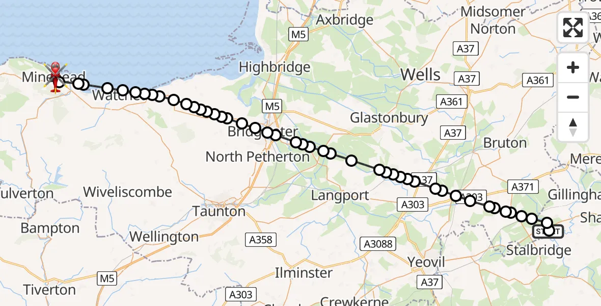 Flight route Air Ambulance Helicopter Henstridge Airfield - Minehead, 13 July 2026, 21:59