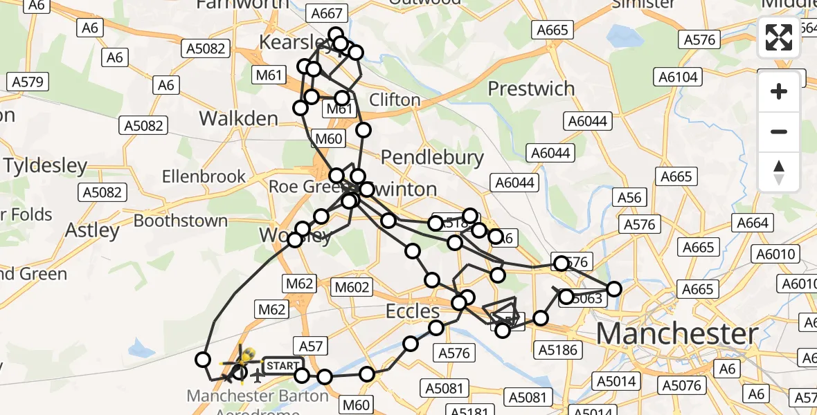 Flight route Police Helicopter Manchester Barton Aerodrome - Irlam, 13 July 2026, 22:00