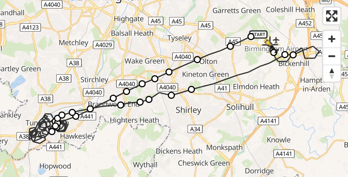 Flight route Police Helicopter Birmingham Airport - Birmingham Airport, 13 July 2026, 22:21
