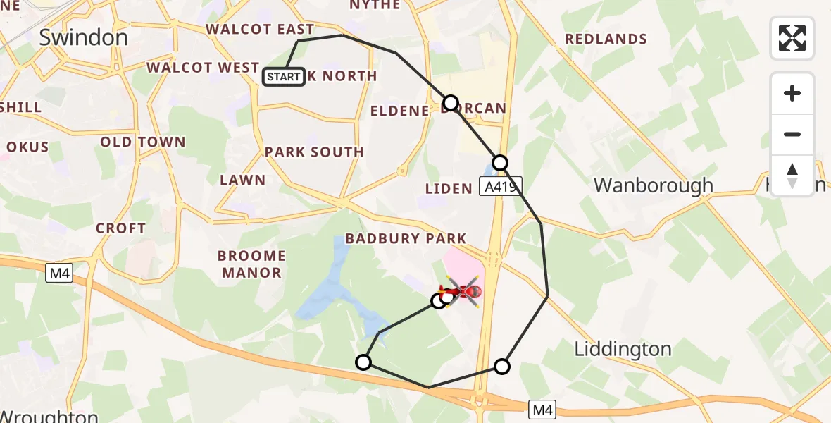 Flight route Air Ambulance Helicopter Swindon - Great Western Hospital, 13 July 2026, 22:23