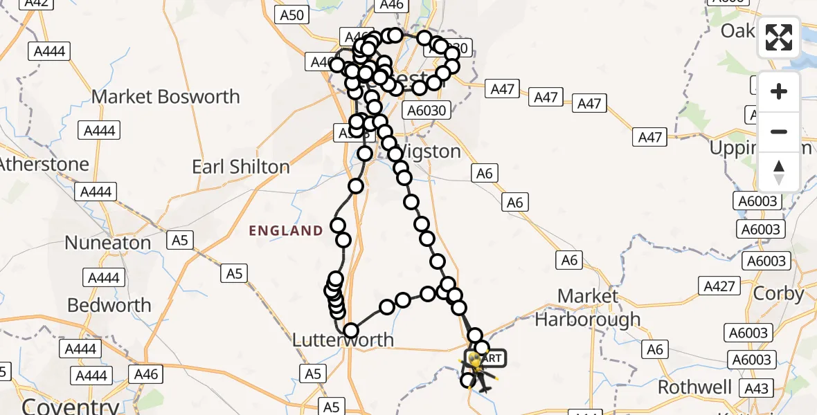 Flight route Police Helicopter Husbands Bosworth Airfield - Harborough, 13 July 2026, 22:36