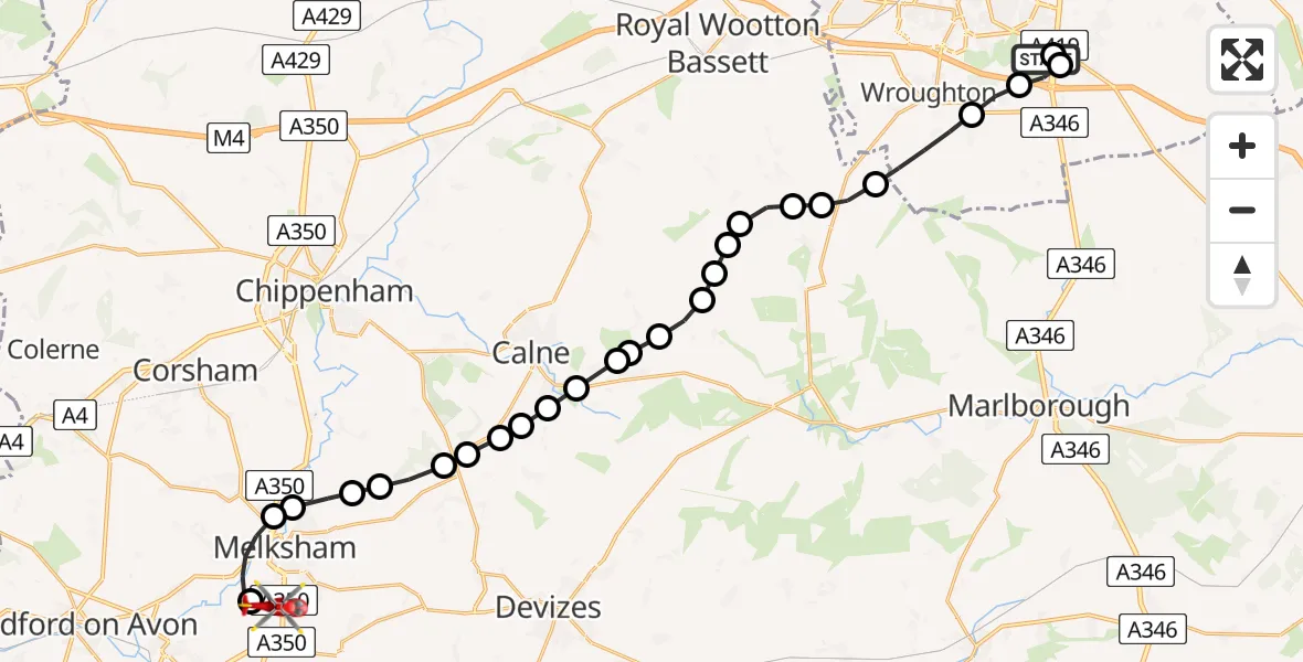 Flight route Air Ambulance Helicopter Great Western Hospital - Semington, 13 July 2026, 22:36