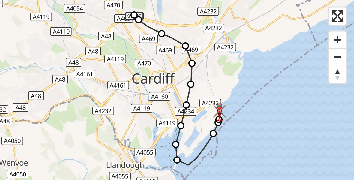 Flight route Air Ambulance Helicopter Birchgrove - Cardiff Heliport, 13 July 2026, 22:38