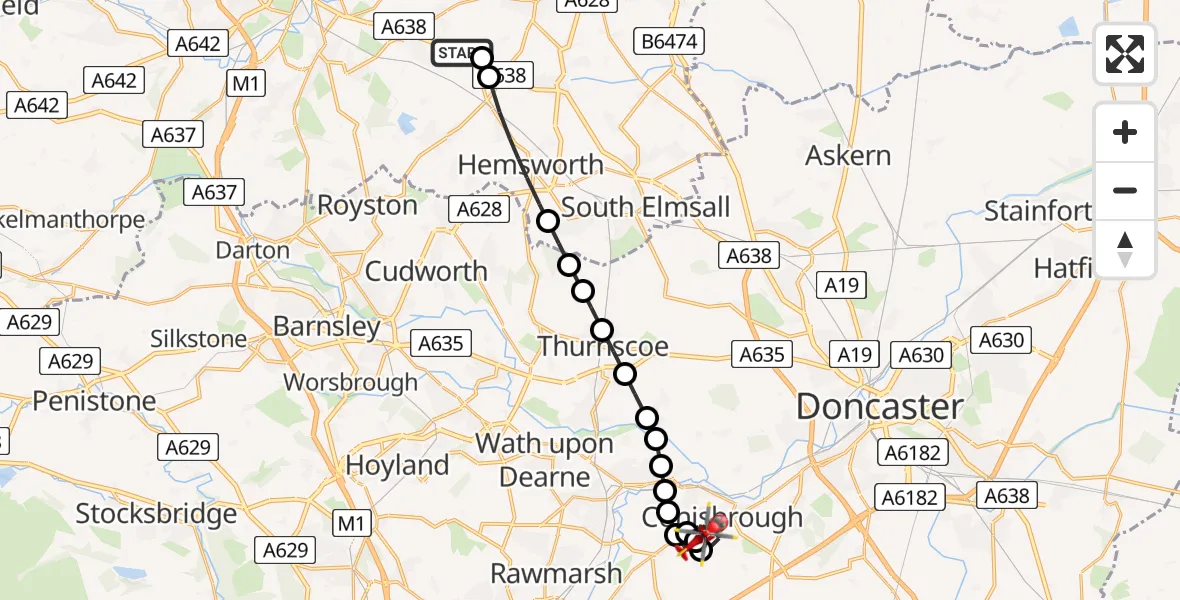 Flight route Air Ambulance Helicopter YAA Nostell Helicopter Port - Conisbrough, 13 July 2026, 22:52