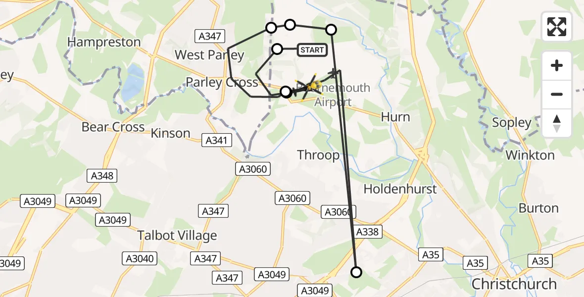 Flight route Police Helicopter Bournemouth Airport - Bournemouth Airport, 13 July 2026, 23:00