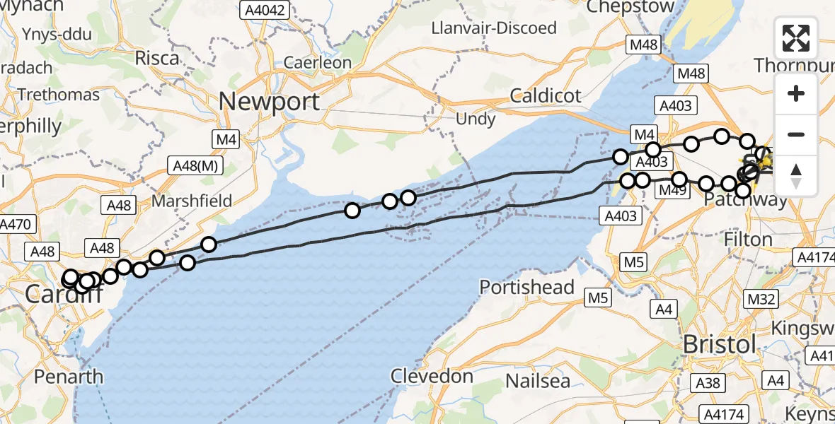 Flight route Police Helicopter Almondsbury Helicopter Base - Almondsbury Helicopter Base, 13 July 2026, 23:01