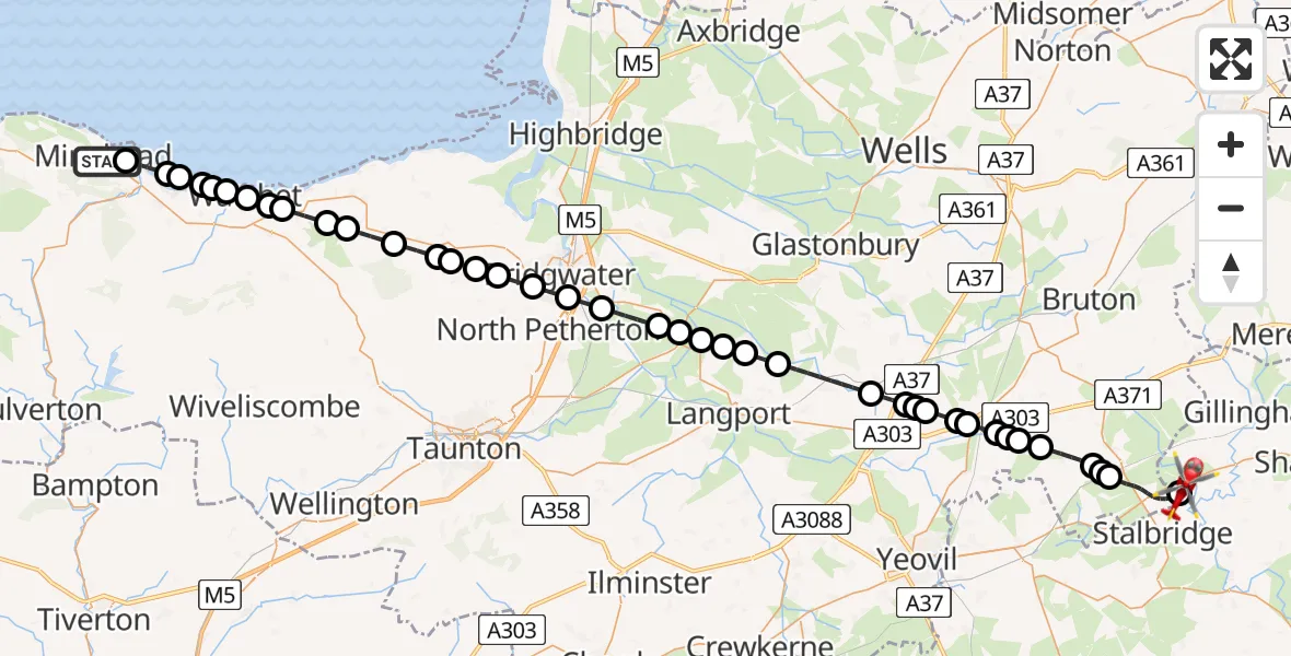Flight route Air Ambulance Helicopter Minehead - Henstridge Airfield, 13 July 2026, 23:02