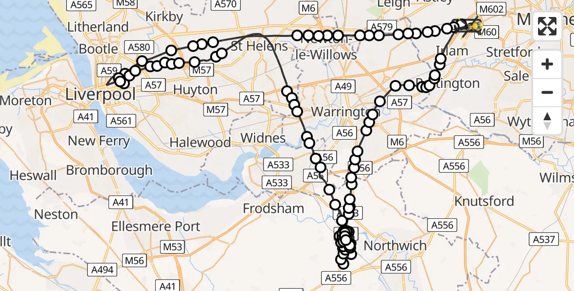 Flight route Police Helicopter Manchester Barton Aerodrome - Manchester Barton Aerodrome, 13 July 2026, 23:40