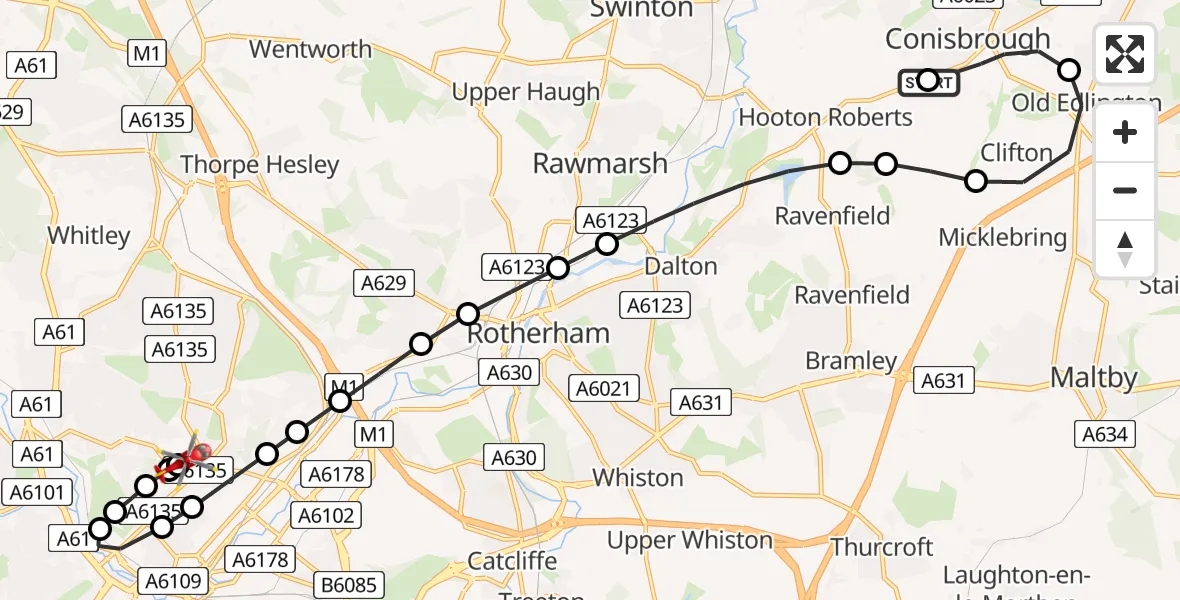 Flight route Air Ambulance Helicopter Conisbrough - Sheffield Northern Hospital, 13 July 2026, 23:43