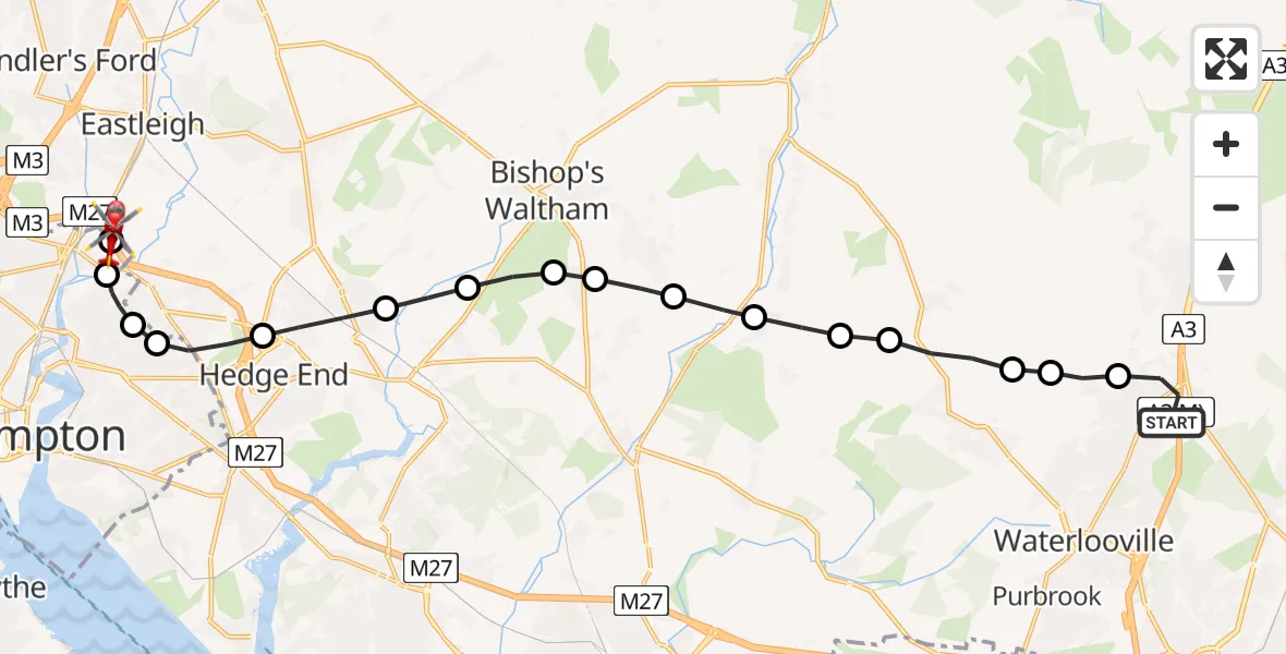 Flight route Air Ambulance Helicopter Horndean - Southampton Airport, 13 July 2026, 23:52