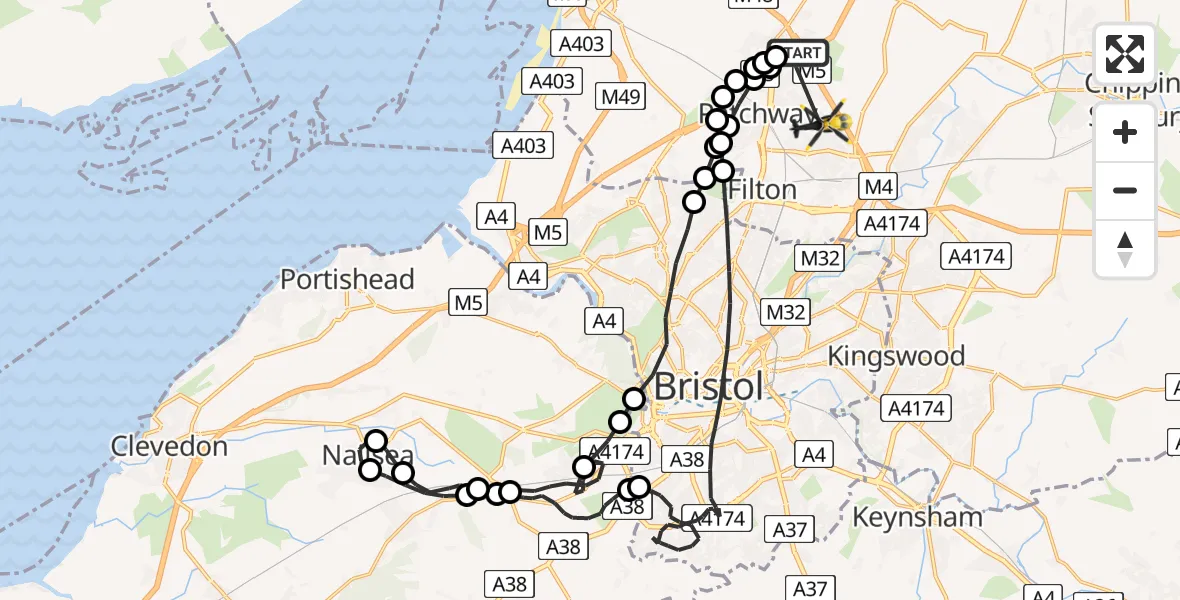 Flight route Police Helicopter Almondsbury Helicopter Base - Bristol, 13 July 2026, 23:58